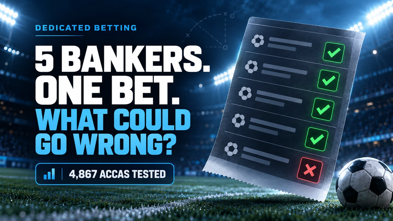 Five-leg football accumulator slip showing four winning bankers and one failed selection