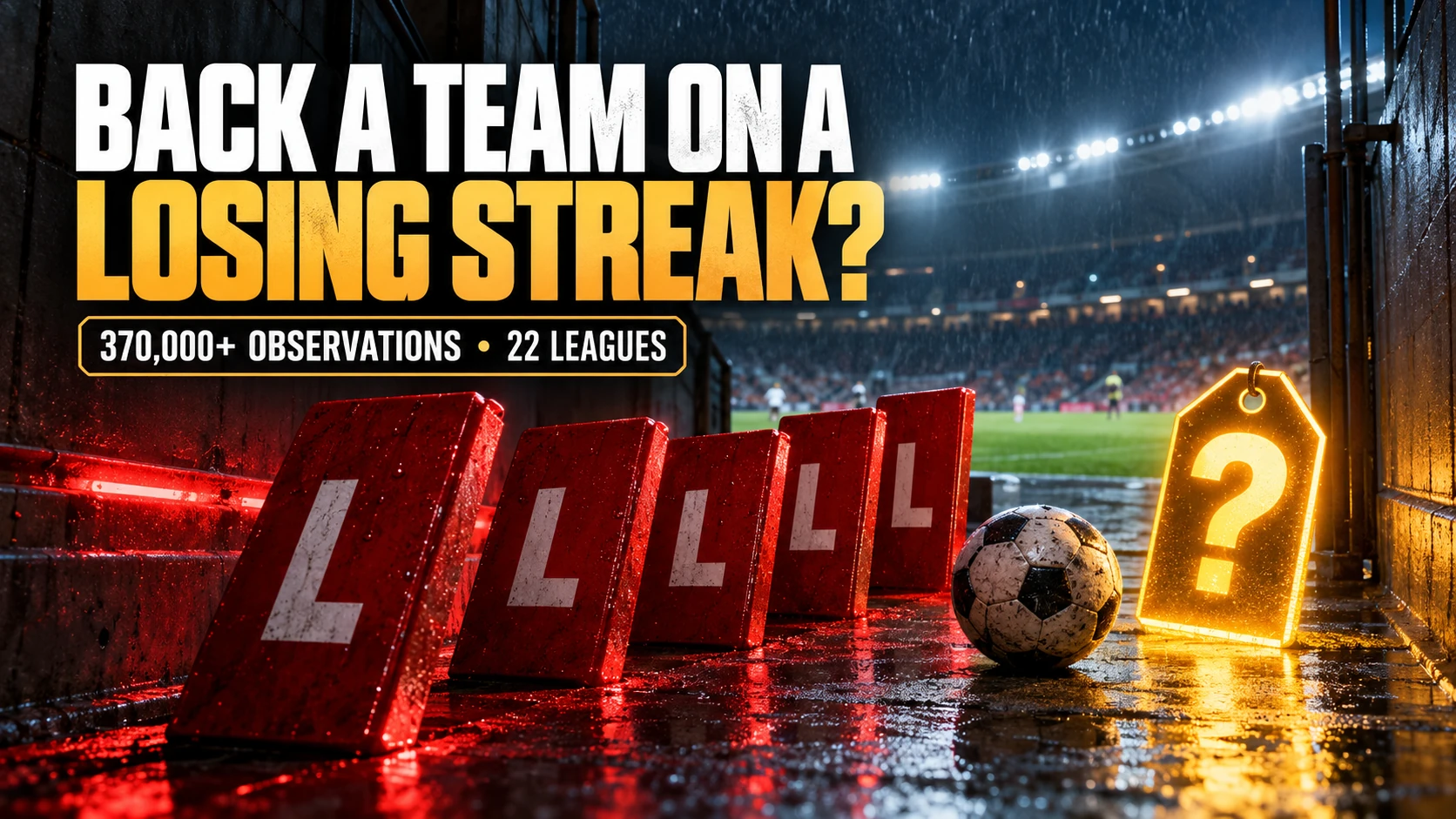 Five red losing-result markers leading towards a football and an illuminated value question mark