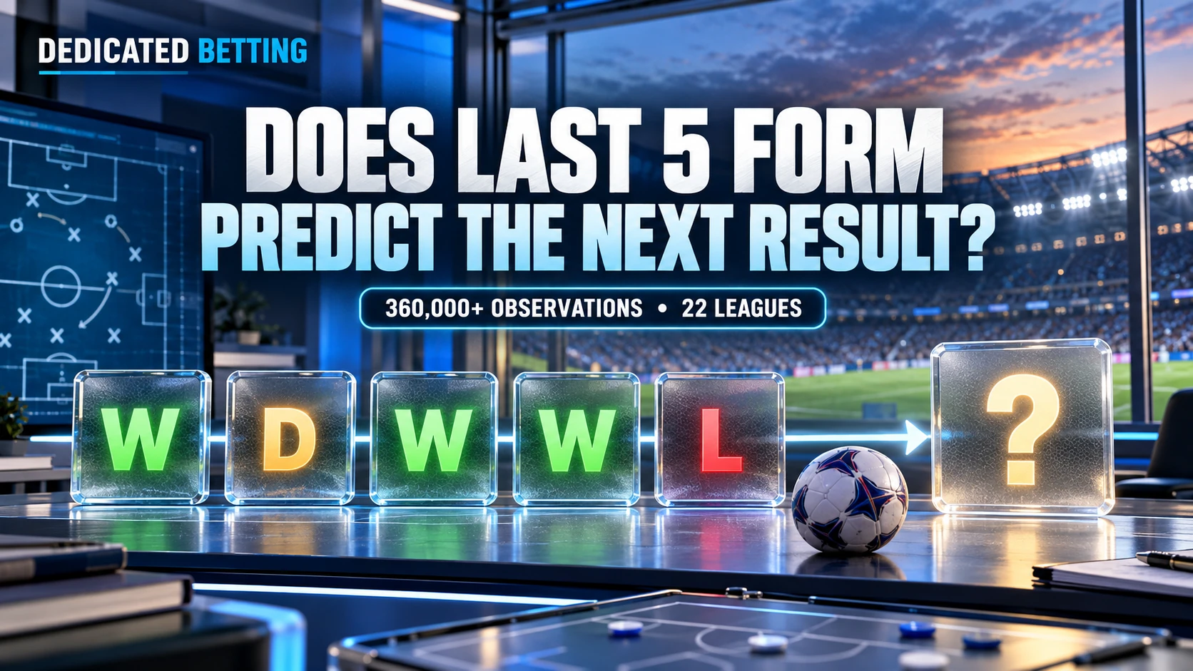 Five recent football results leading towards an unknown next result in a football analysis studio