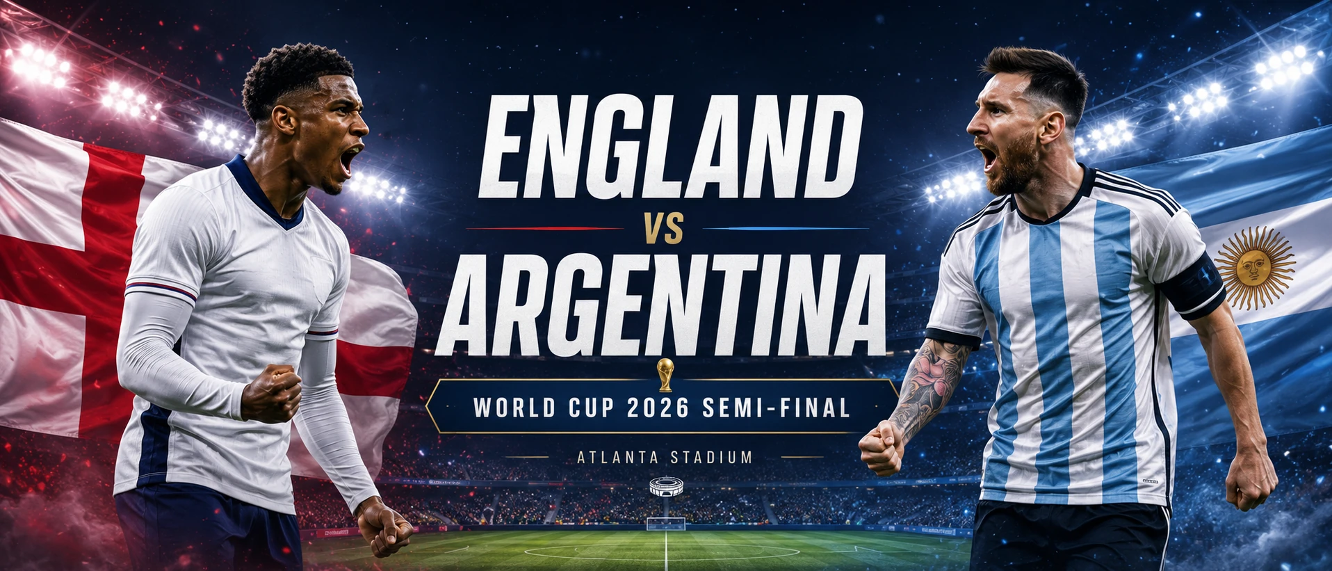 England and Argentina flags beside World Cup 2026 semi-final branding