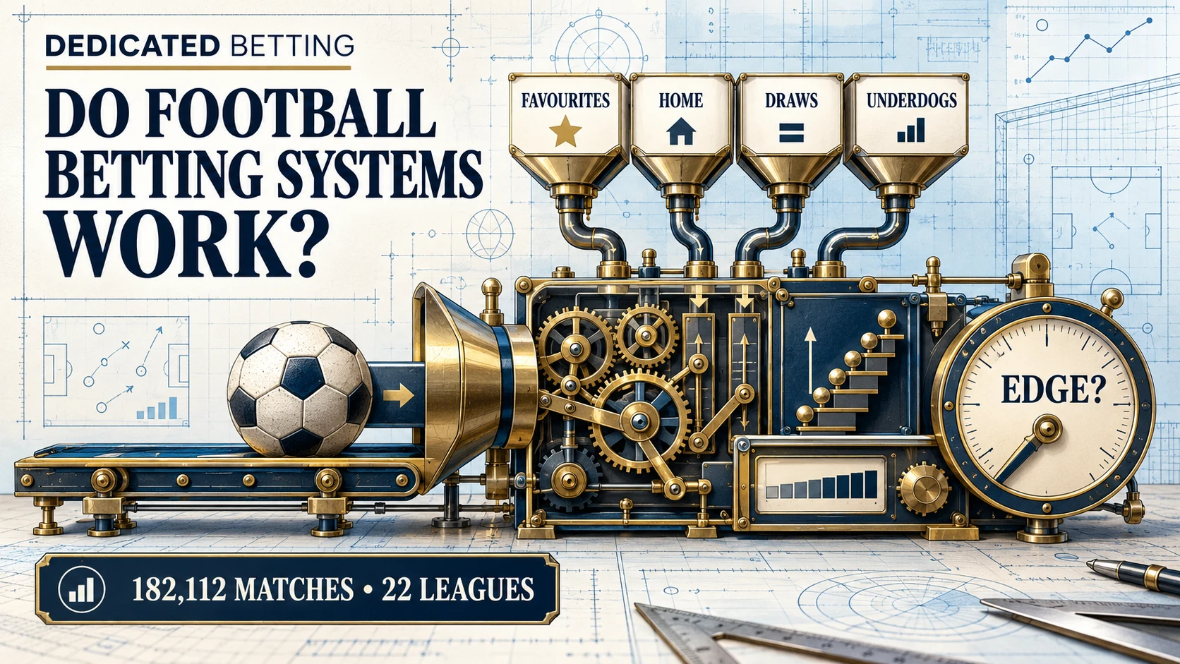 An illustrated football betting machine combining favourites, home teams, draws and underdogs before measuring whether the system has an edge