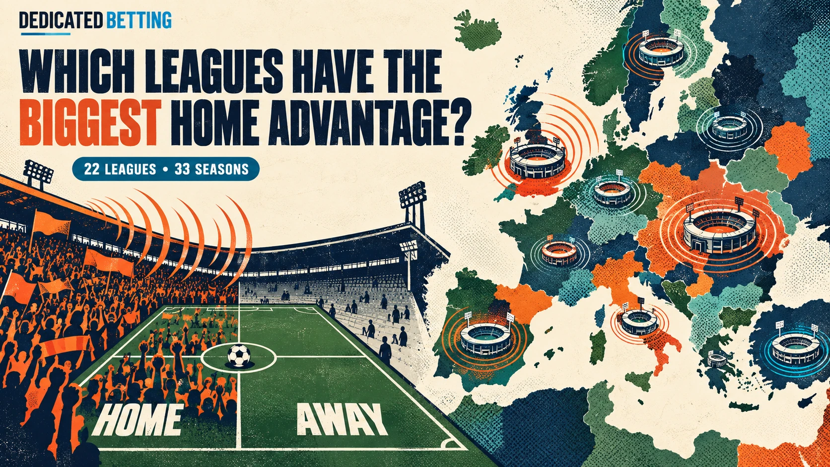 Illustrated European football map with stadiums and a pitch contrasting crowded home and quieter away sections