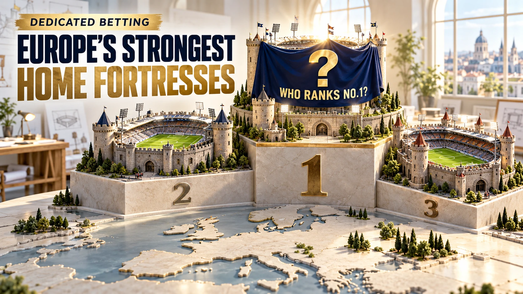 Three football stadiums designed as European fortresses on a winners podium, with the top-ranked home team concealed