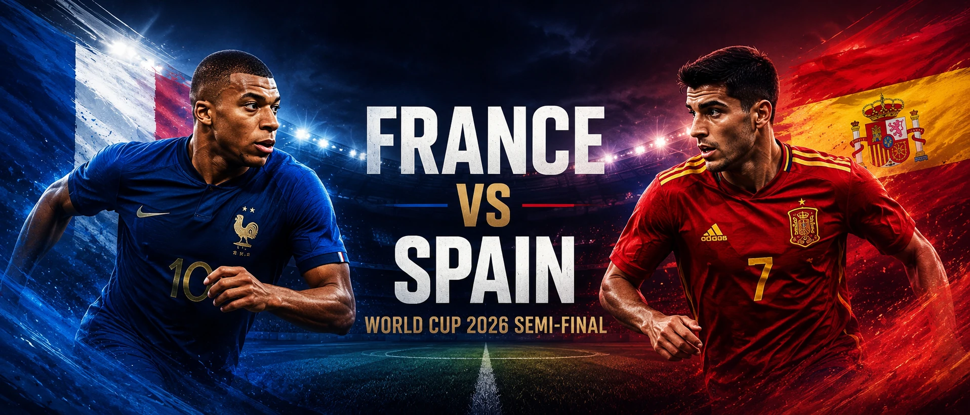 France and Spain flags beside World Cup 2026 semi-final branding