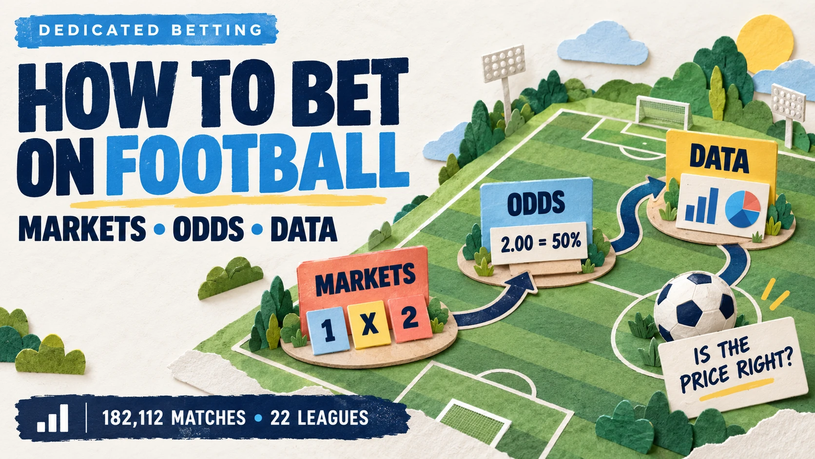 A paper-cut football pitch showing a beginner journey through football betting markets, odds and data