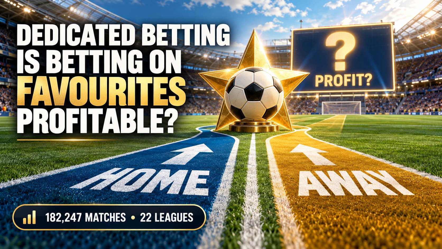 A golden favourite symbol and football facing separate home and away paths towards a profit question