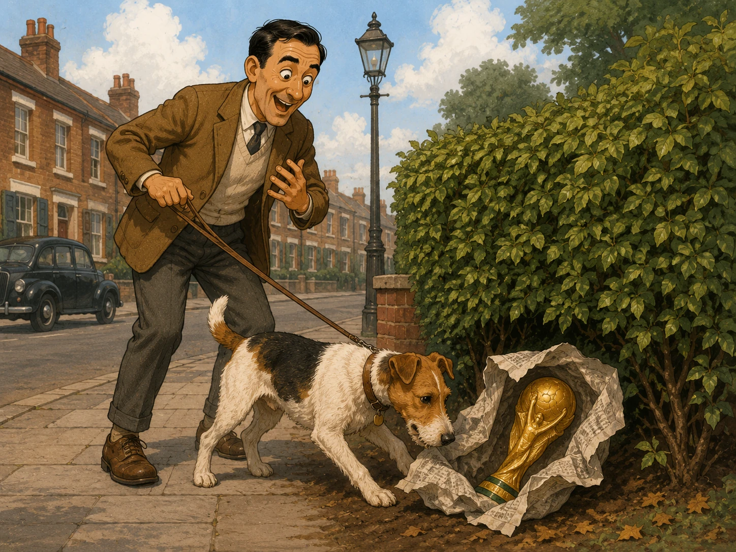 Pickles the dog with owner David Corbett and the recovered Jules Rimet Trophy in 1966